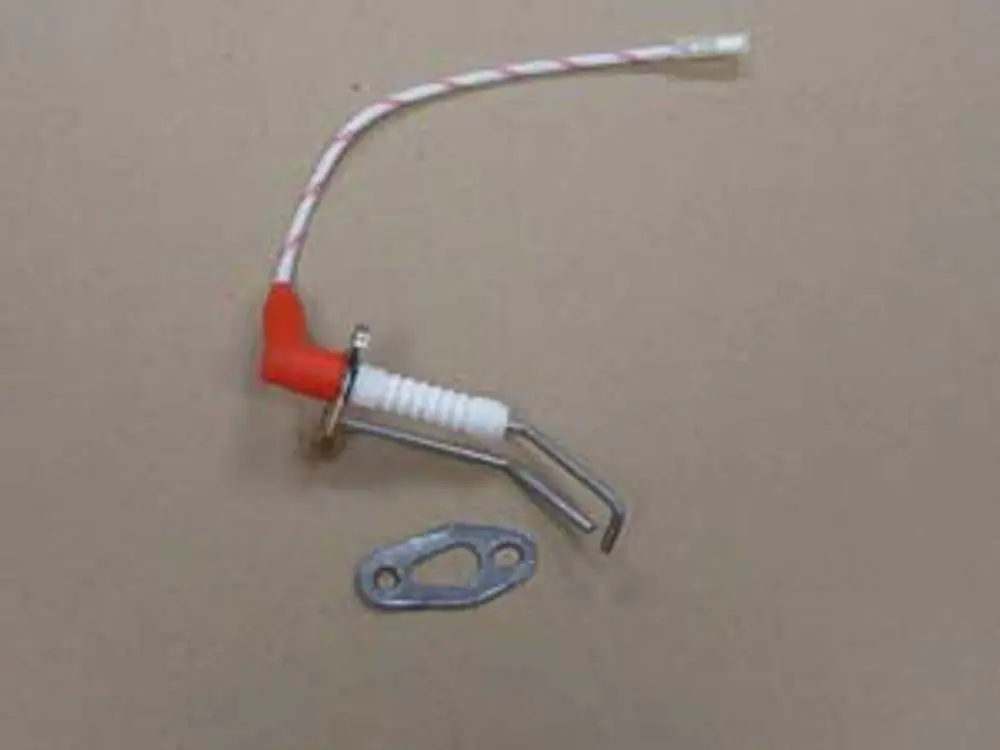 Zünd-Ionisationselektrode von Remeha mit einer orangefarbenen Spitze und einem weißen Kabel. Neben der Elektrode ist ein metallisches Befestigungselement abgebildet.